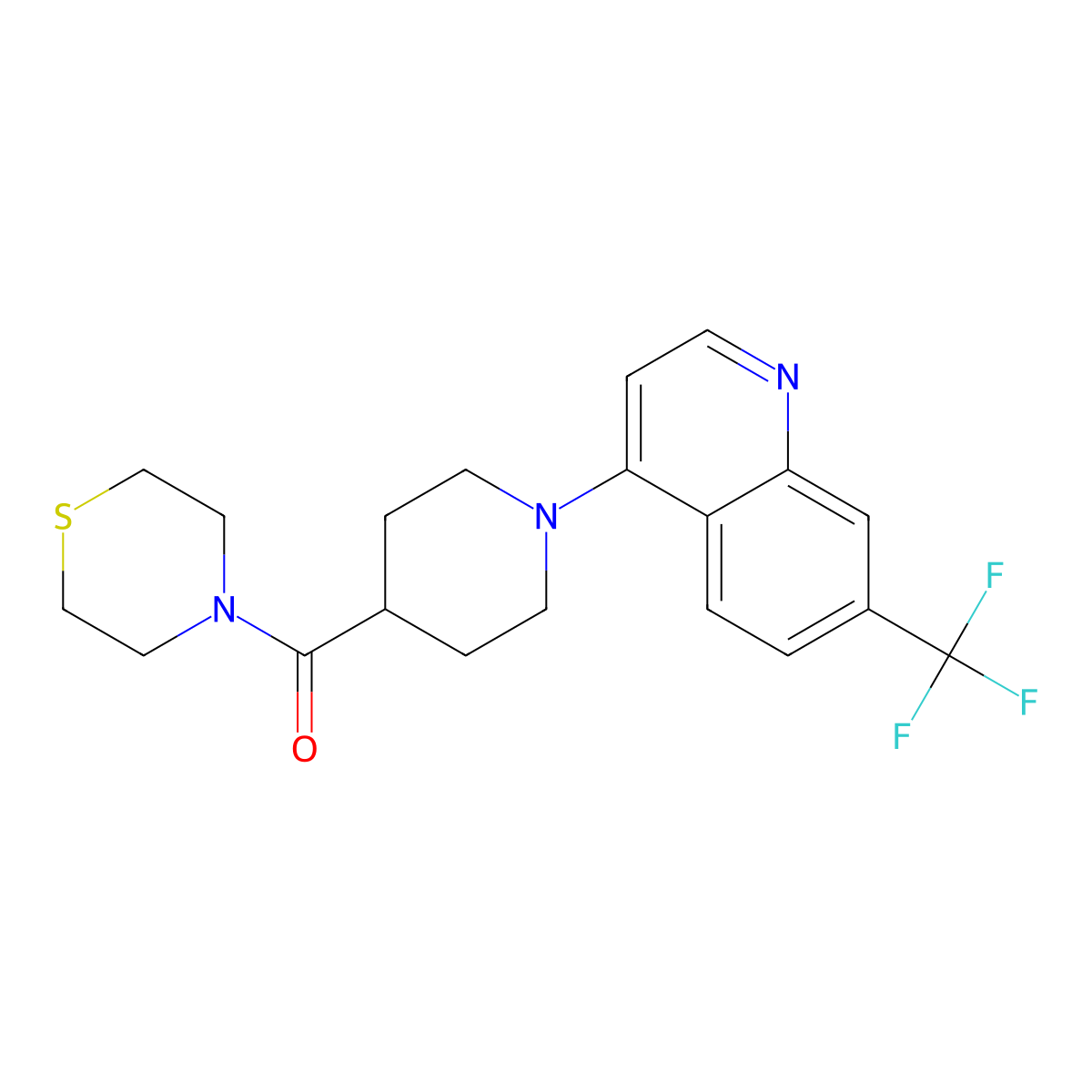 4-[4-(Thiomorpholine-4-carbonyl)piperidin-1-yl]-7-(trifluoromethyl)quinoline molecular structure, CAS 2877647-26-0