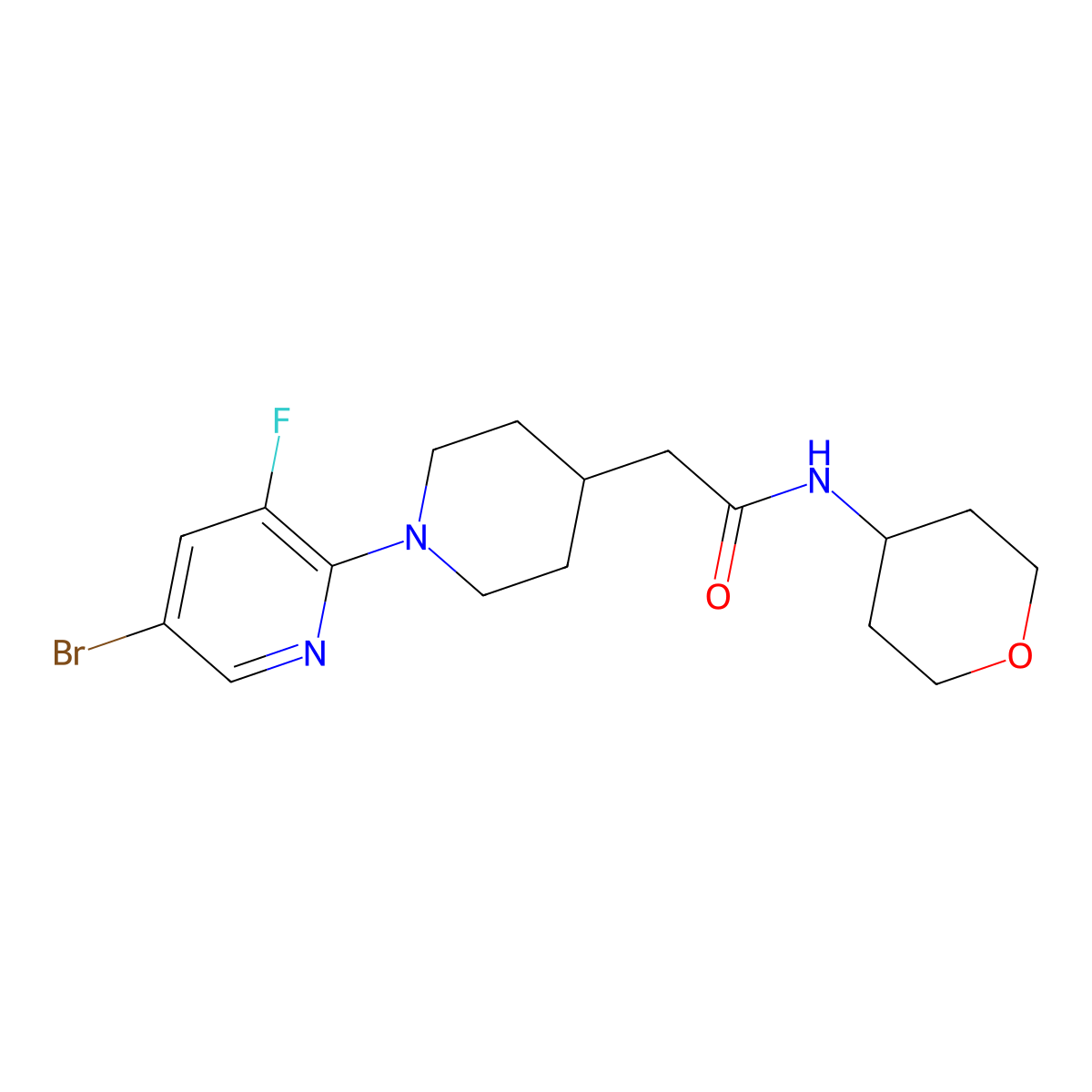 2-[1-(5-bromo-3-fluoropyridin-2-yl)piperidin-4-yl]-N-(oxan-4-yl)acetamide molecular structure, CAS 2877647-28-2