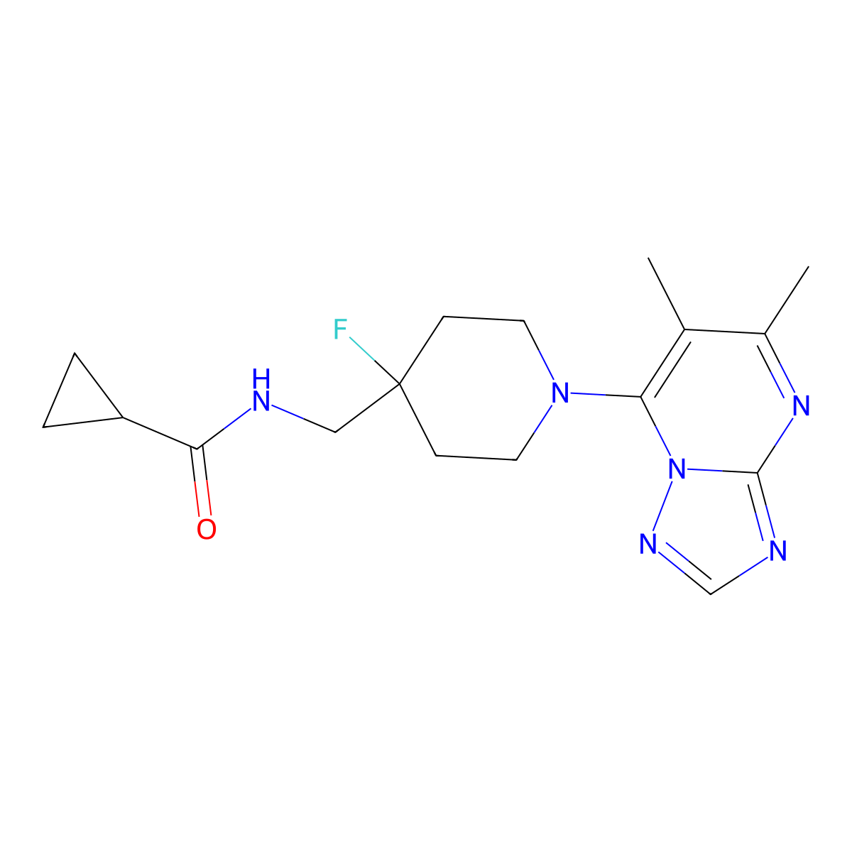 N-[(1-{5,6-dimethyl-[1,2,4]triazolo[1,5-a]pyrimidin-7-yl}-4-fluoropiperidin-4-yl)methyl]cyclopropanecarboxamide molecular structure, CAS 2877647-36-2