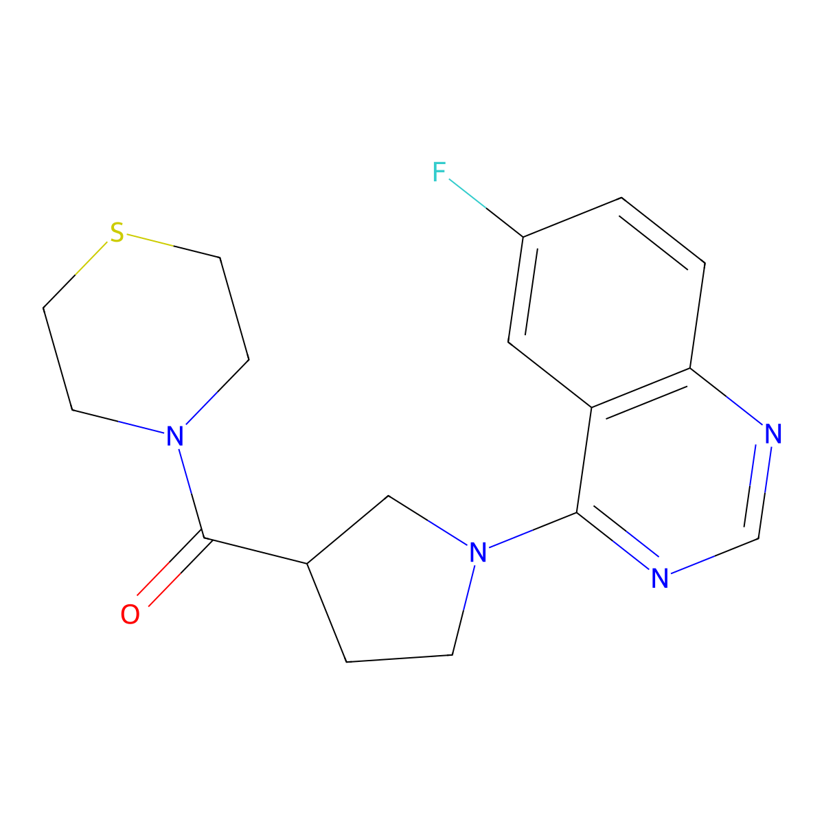 6-Fluoro-4-[3-(thiomorpholine-4-carbonyl)pyrrolidin-1-yl]quinazoline molecular structure, CAS 2877647-38-4