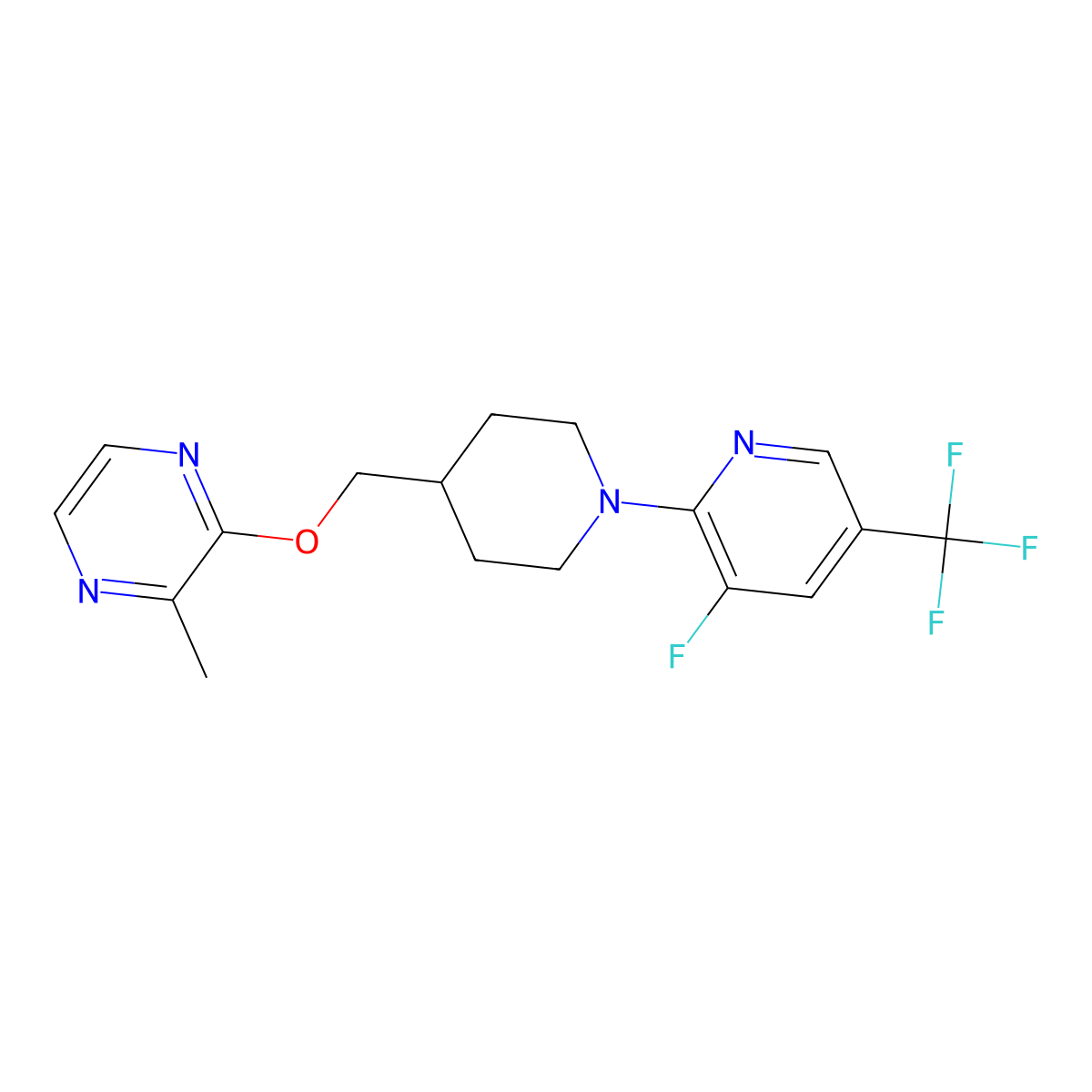 2-({1-[3-Fluoro-5-(trifluoromethyl)pyridin-2-yl]piperidin-4-yl}methoxy)-3-methylpyrazine molecular structure, CAS 2877647-59-9