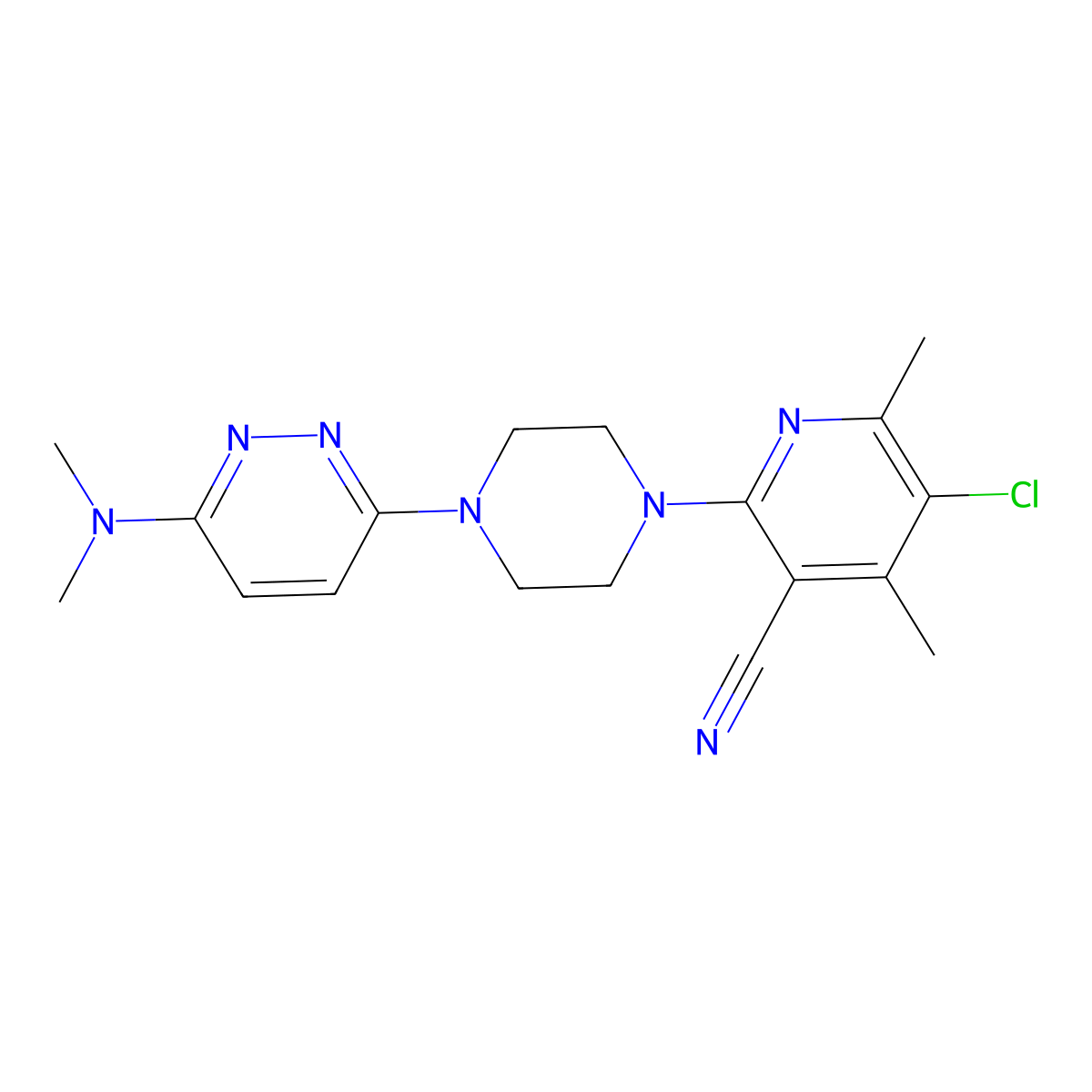 5-Chloro-2-{4-[6-(dimethylamino)pyridazin-3-yl]piperazin-1-yl}-4,6-dimethylpyridine-3-carbonitrile molecular structure, CAS 2877647-64-6