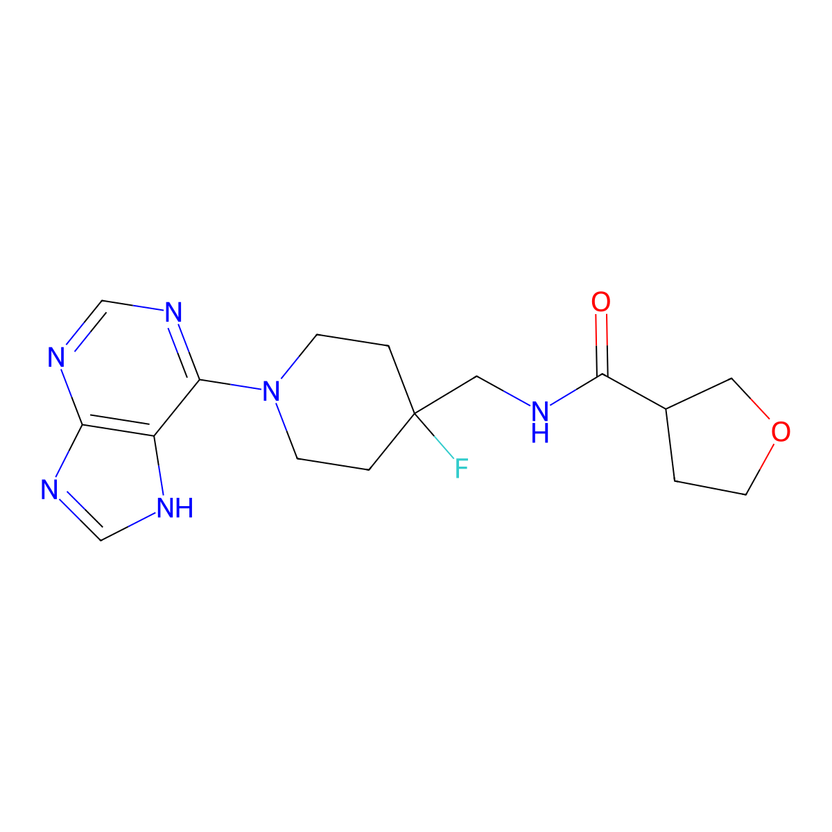 N-{[4-fluoro-1-(9H-purin-6-yl)piperidin-4-yl]methyl}oxolane-3-carboxamide molecular structure, CAS 2877647-71-5