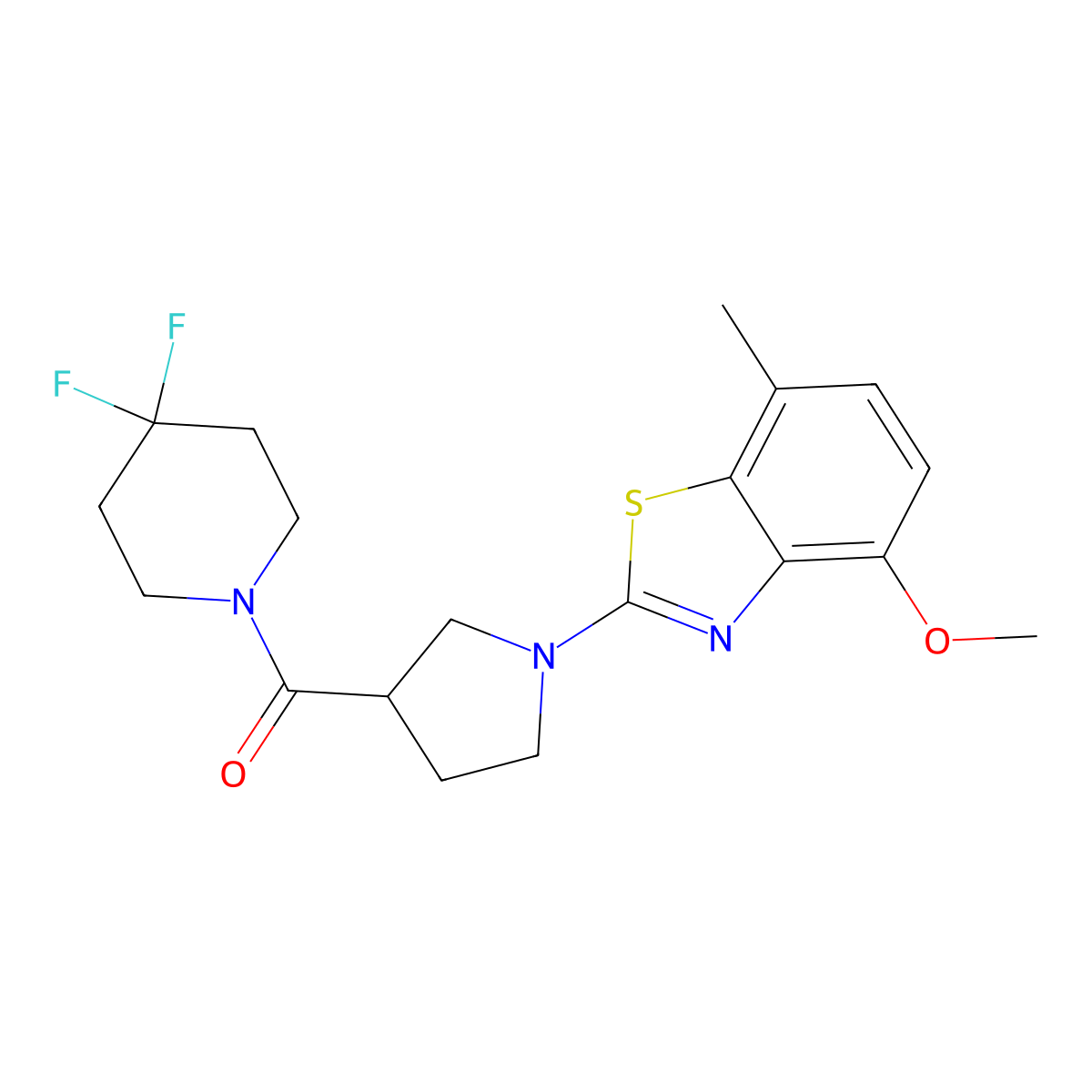 2-[3-(4,4-Difluoropiperidine-1-carbonyl)pyrrolidin-1-yl]-4-methoxy-7-methyl-1,3-benzothiazole molecular structure, CAS 2877647-85-1