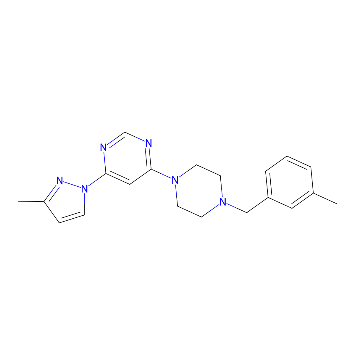 4-(3-methyl-1H-pyrazol-1-yl)-6-{4-[(3-methylphenyl)methyl]piperazin-1-yl}pyrimidine molecular structure, CAS 2877647-98-6
