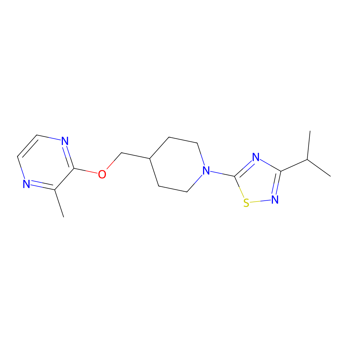 2-Methyl-3-({1-[3-(propan-2-yl)-1,2,4-thiadiazol-5-yl]piperidin-4-yl}methoxy)pyrazine molecular structure, CAS 2877648-15-0