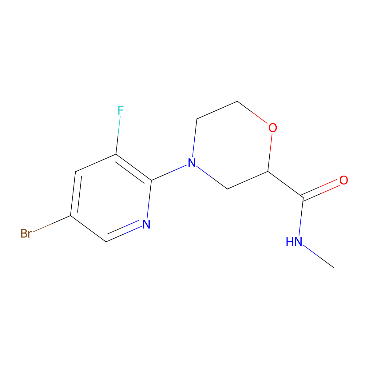 4-(5-bromo-3-fluoropyridin-2-yl)-N-methylmorpholine-2-carboxamide molecular structure, CAS 2877648-16-1