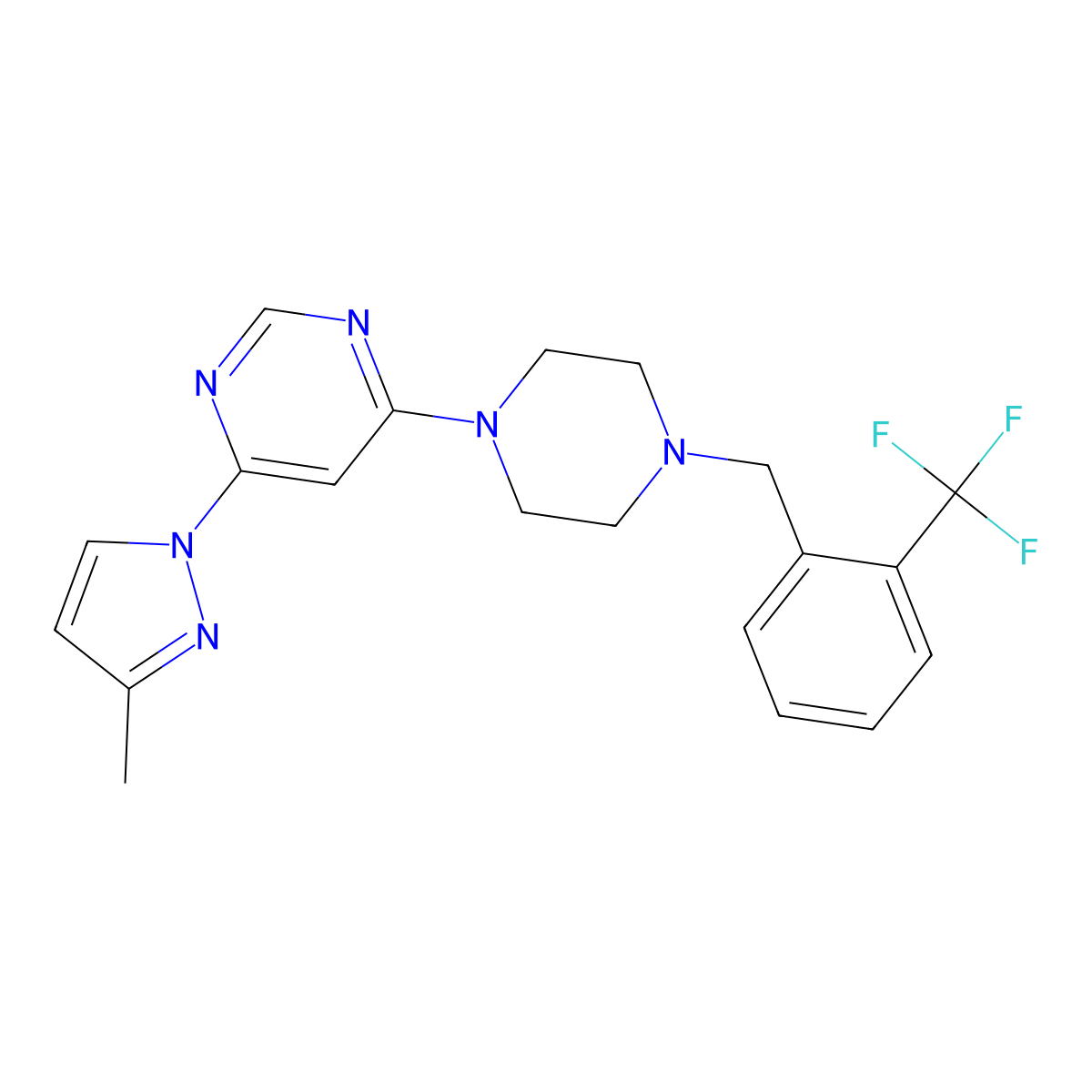 4-(3-methyl-1H-pyrazol-1-yl)-6-(4-{[2-(trifluoromethyl)phenyl]methyl}piperazin-1-yl)pyrimidine molecular structure, CAS 2877648-19-4