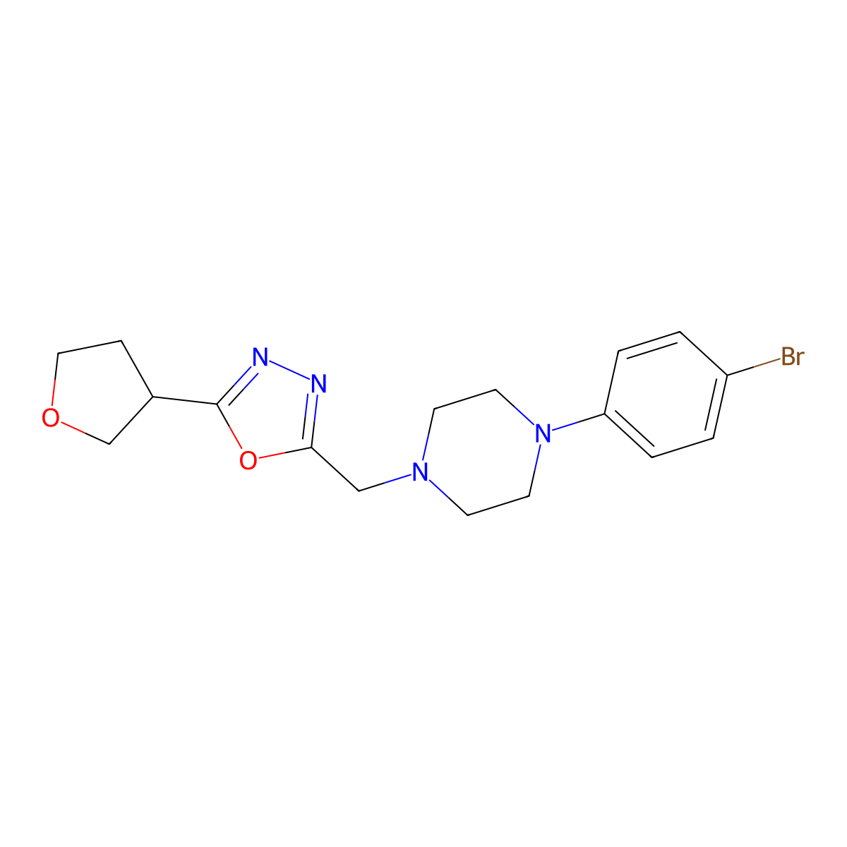 1-(4-Bromophenyl)-4-{[5-(oxolan-3-yl)-1,3,4-oxadiazol-2-yl]methyl}piperazine molecular structure, CAS 2877648-33-2