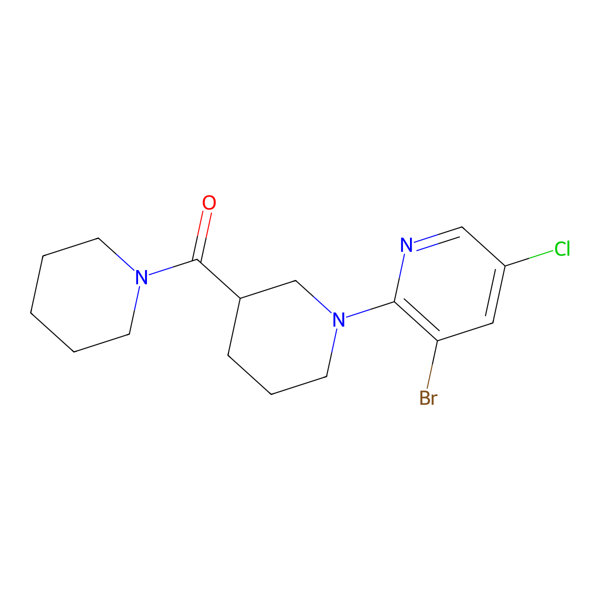 3-Bromo-5-chloro-2-[3-(piperidine-1-carbonyl)piperidin-1-yl]pyridine molecular structure, CAS 2877648-36-5
