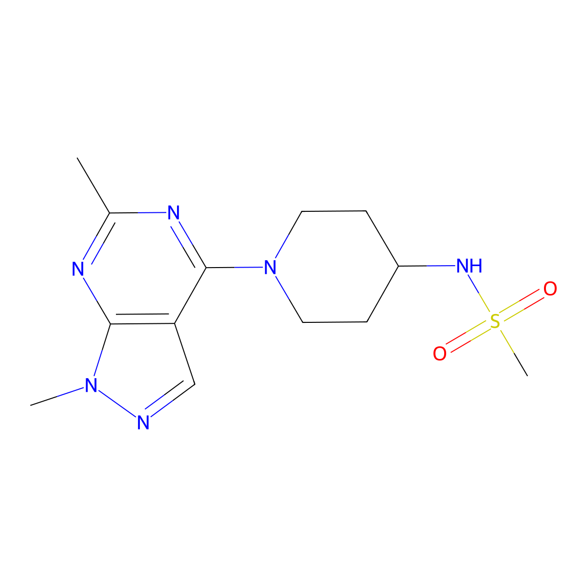 N-(1-{1,6-dimethyl-1H-pyrazolo[3,4-d]pyrimidin-4-yl}piperidin-4-yl)methanesulfonamide molecular structure, CAS 2877648-44-5