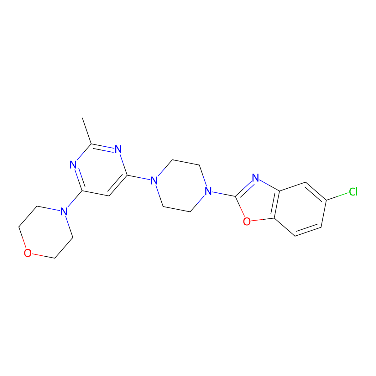 5-Chloro-2-[4-(2-methyl-6-morpholin-4-ylpyrimidin-4-yl)piperazin-1-yl]-1,3-benzoxazole molecular structure, CAS 2877648-50-3
