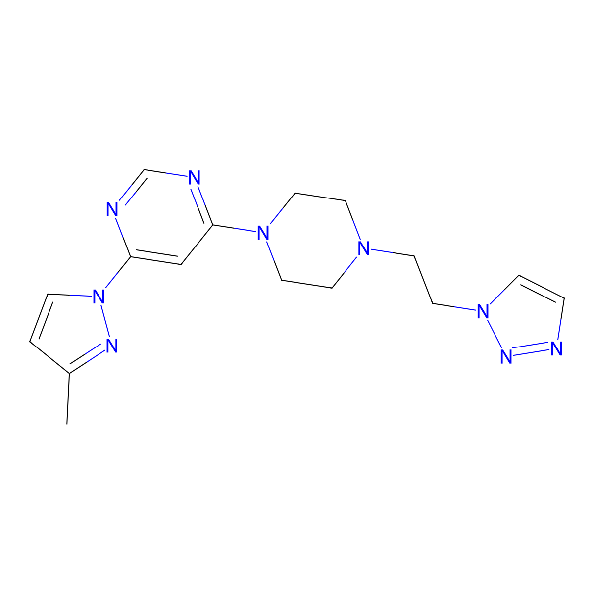 4-(3-methyl-1H-pyrazol-1-yl)-6-{4-[2-(1H-1,2,3-triazol-1-yl)ethyl]piperazin-1-yl}pyrimidine molecular structure, CAS 2877648-59-2