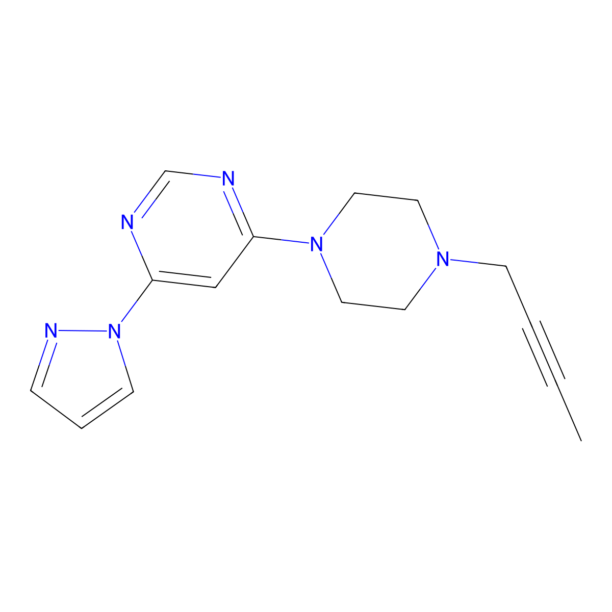 4-[4-(but-2-yn-1-yl)piperazin-1-yl]-6-(1H-pyrazol-1-yl)pyrimidine molecular structure, CAS 2877648-72-9