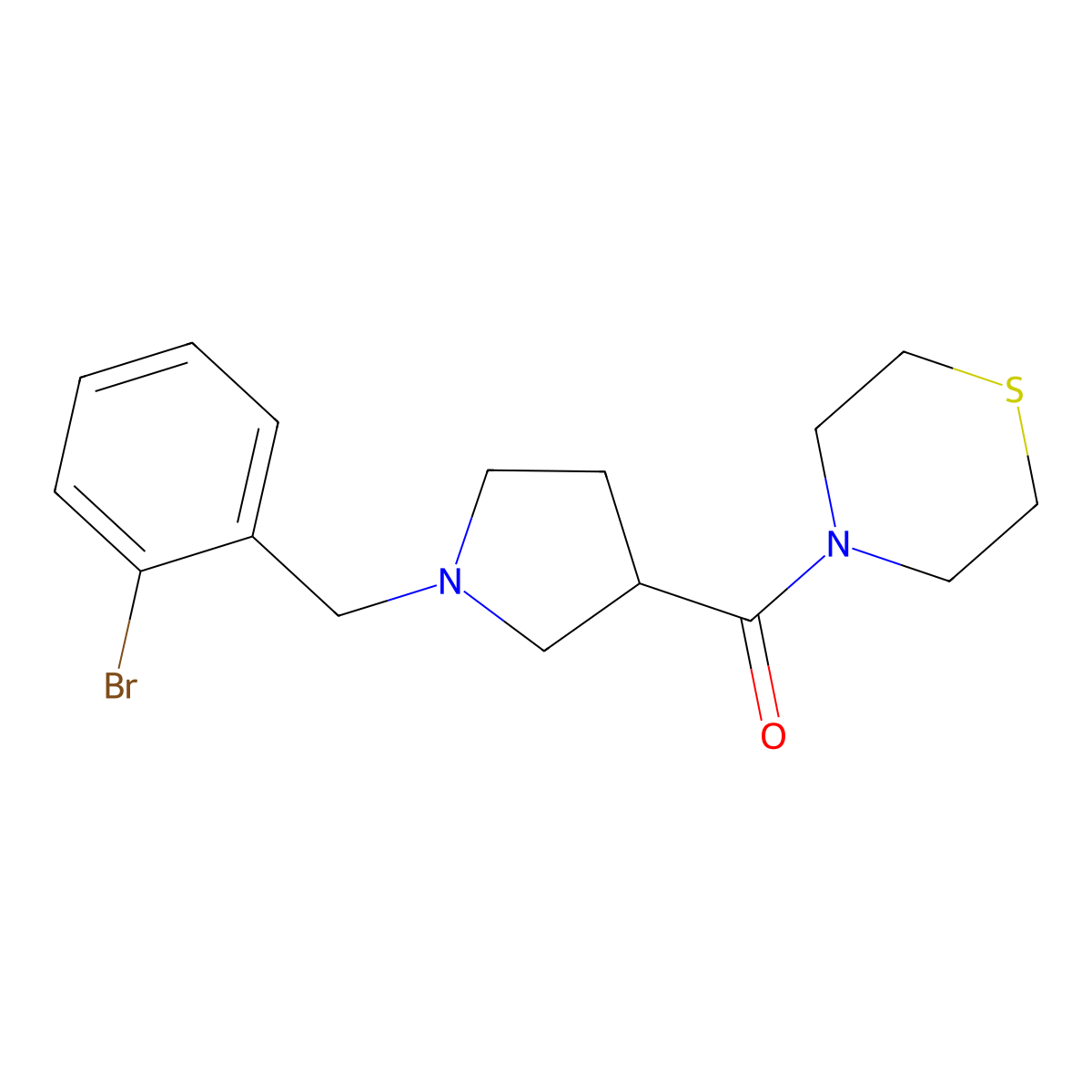 4-{1-[(2-Bromophenyl)methyl]pyrrolidine-3-carbonyl}thiomorpholine molecular structure, CAS 2877648-99-0
