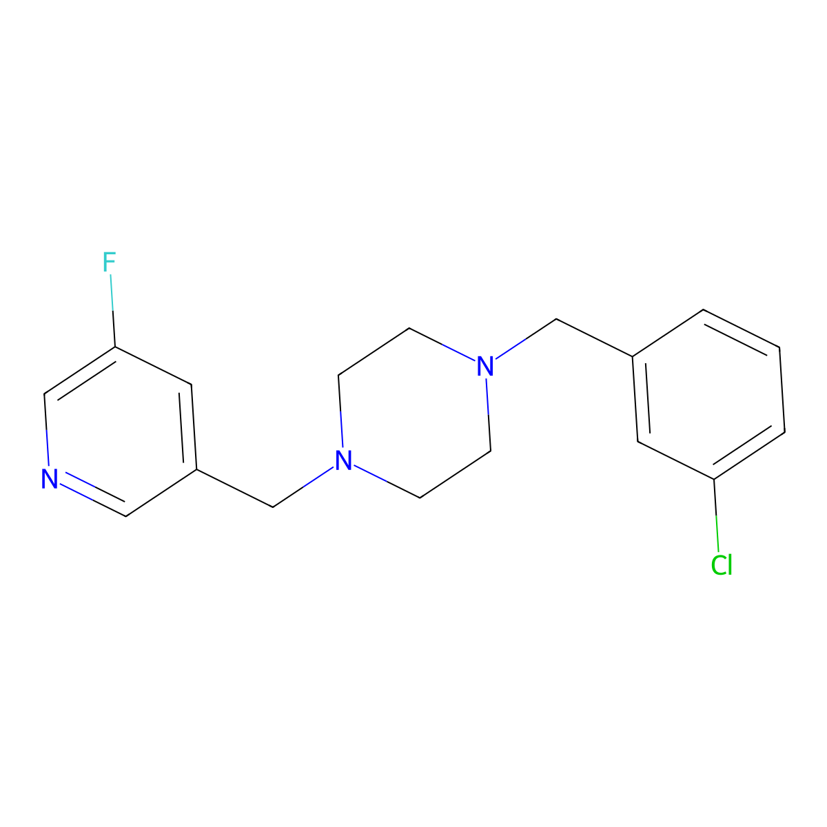 1-[(3-Chlorophenyl)methyl]-4-[(5-fluoropyridin-3-yl)methyl]piperazine molecular structure, CAS 2877649-02-8