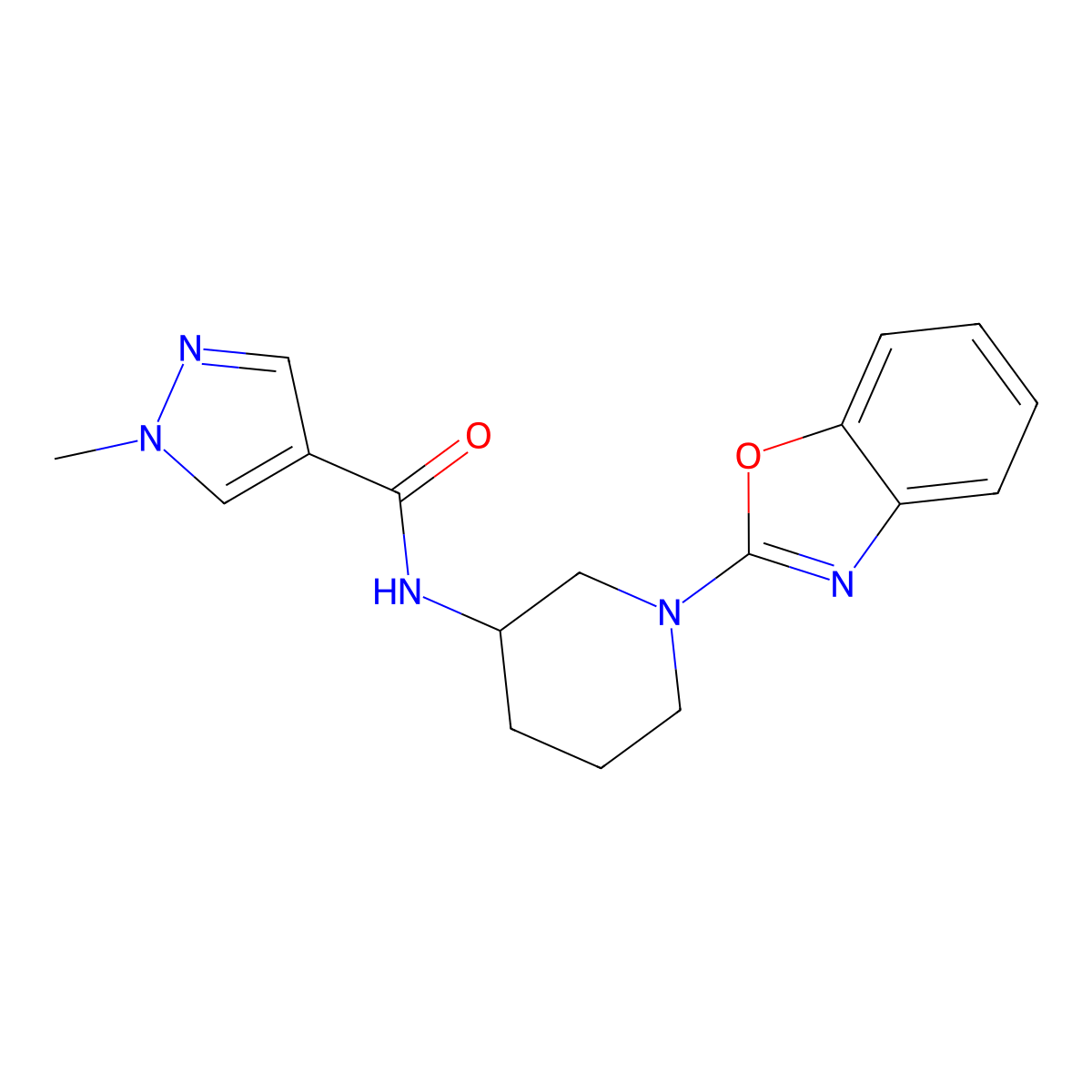 N-[1-(1,3-benzoxazol-2-yl)piperidin-3-yl]-1-methyl-1H-pyrazole-4-carboxamide molecular structure, CAS 2877649-03-9