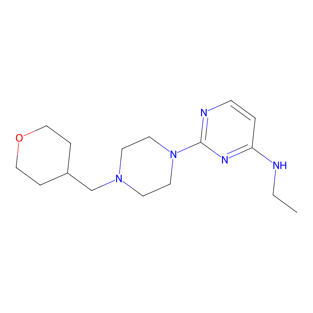 N-ethyl-2-[4-(oxan-4-ylmethyl)piperazin-1-yl]pyrimidin-4-amine molecular structure, CAS 2877649-11-9