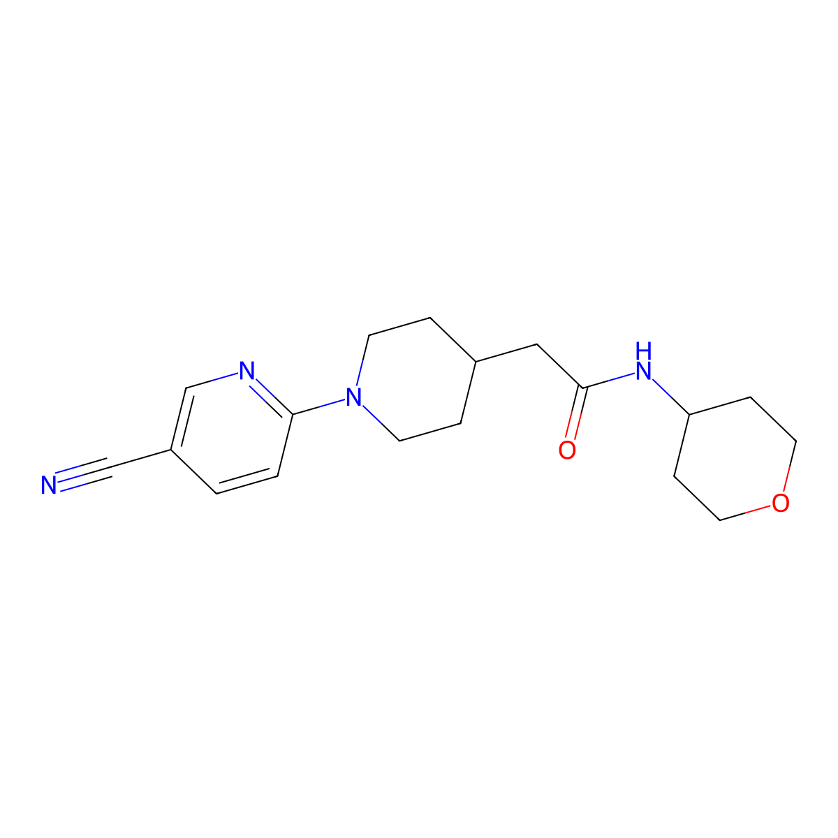 2-[1-(5-cyanopyridin-2-yl)piperidin-4-yl]-N-(oxan-4-yl)acetamide molecular structure, CAS 2877649-12-0