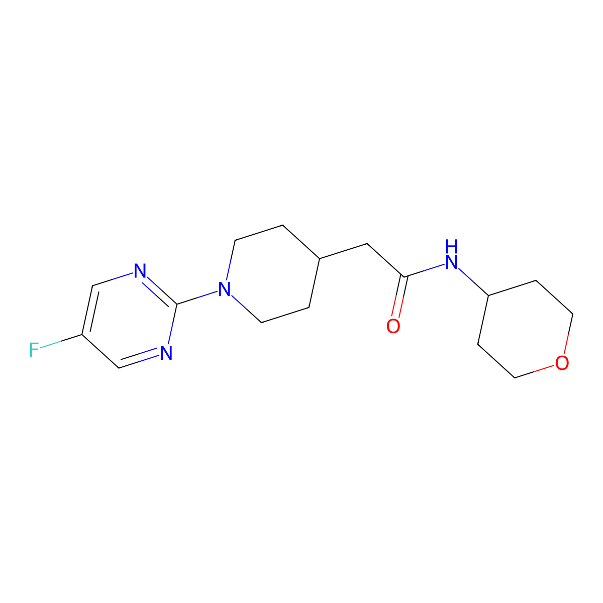 2-[1-(5-fluoropyrimidin-2-yl)piperidin-4-yl]-N-(oxan-4-yl)acetamide molecular structure, CAS 2877649-14-2