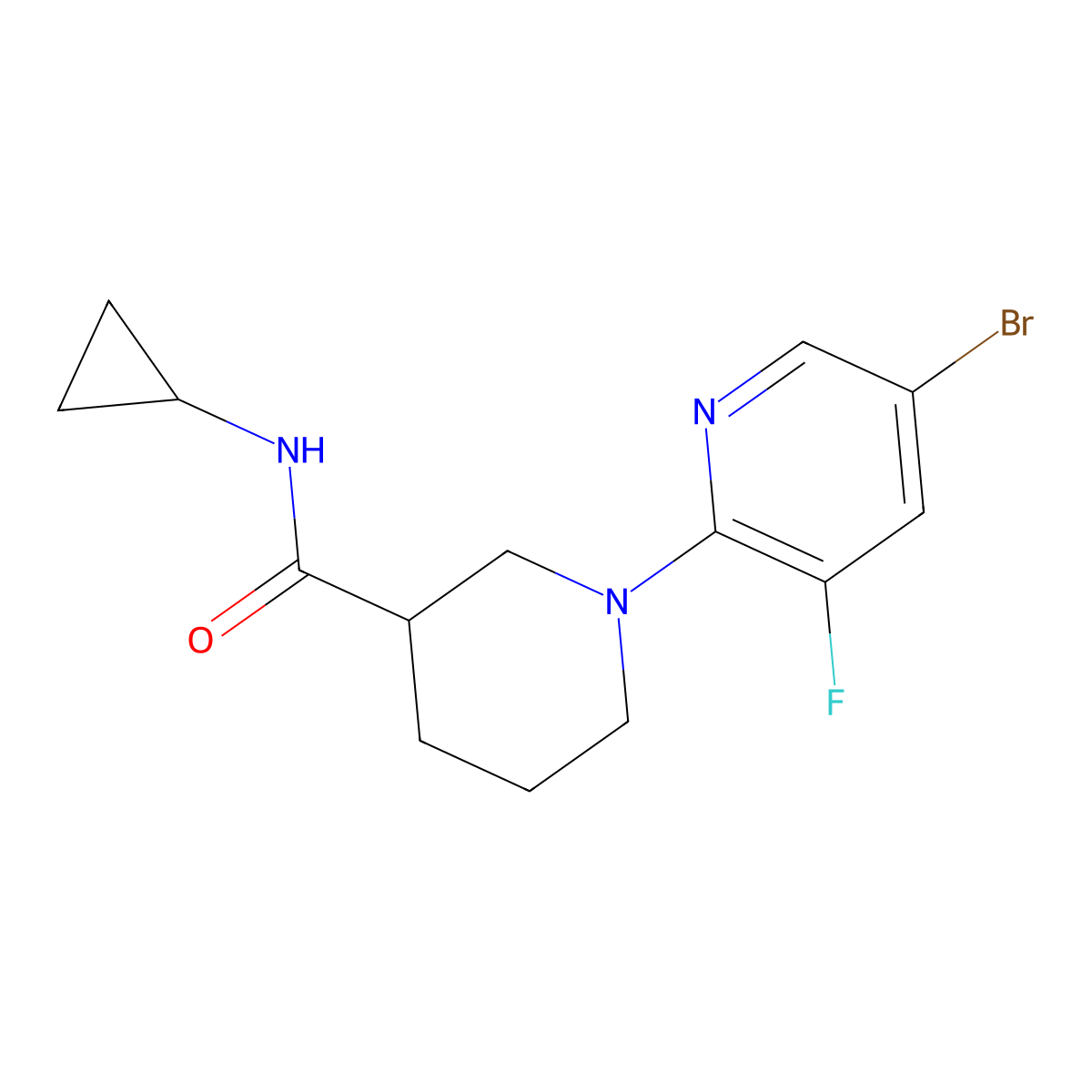 1-(5-bromo-3-fluoropyridin-2-yl)-N-cyclopropylpiperidine-3-carboxamide molecular structure, CAS 2877649-15-3