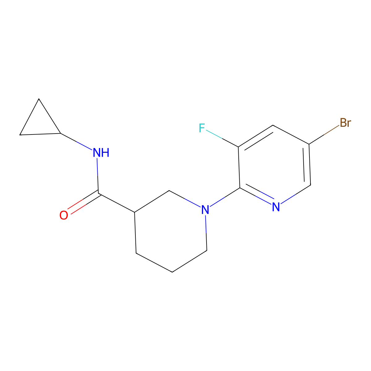 1-(5-bromo-3-fluoropyridin-2-yl)-N-cyclopropylpiperidine-3-carboxamide molecular structure, CAS 2877649-15-3