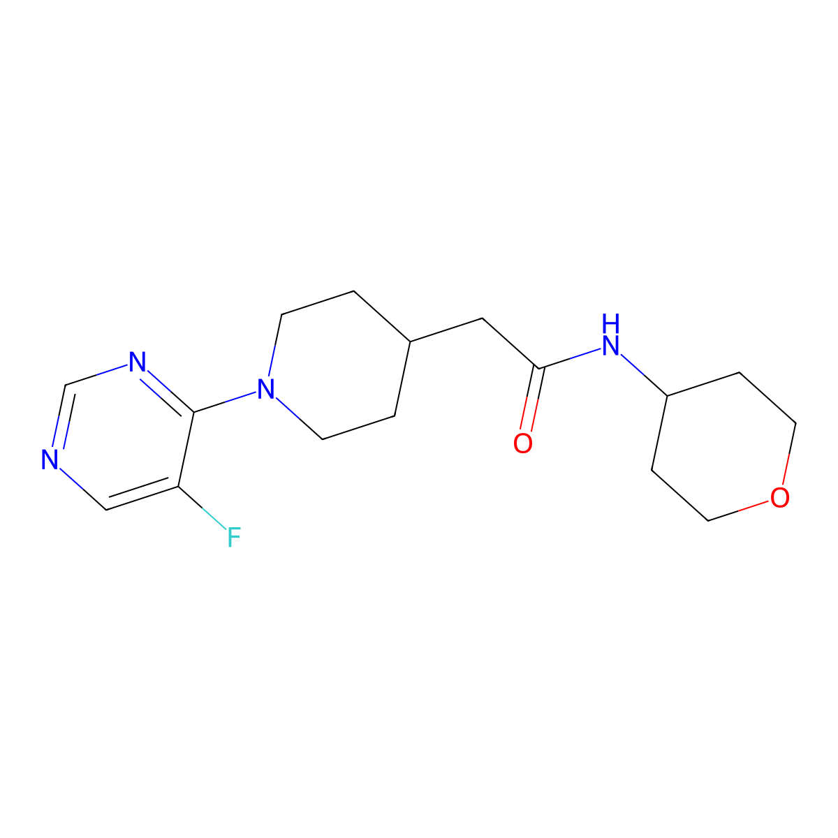 2-[1-(5-fluoropyrimidin-4-yl)piperidin-4-yl]-N-(oxan-4-yl)acetamide molecular structure, CAS 2877649-16-4
