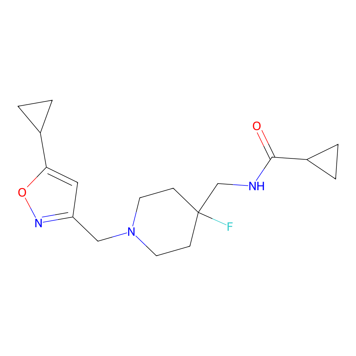 N-({1-[(5-cyclopropyl-1,2-oxazol-3-yl)methyl]-4-fluoropiperidin-4-yl}methyl)cyclopropanecarboxamide molecular structure, CAS 2877649-17-5