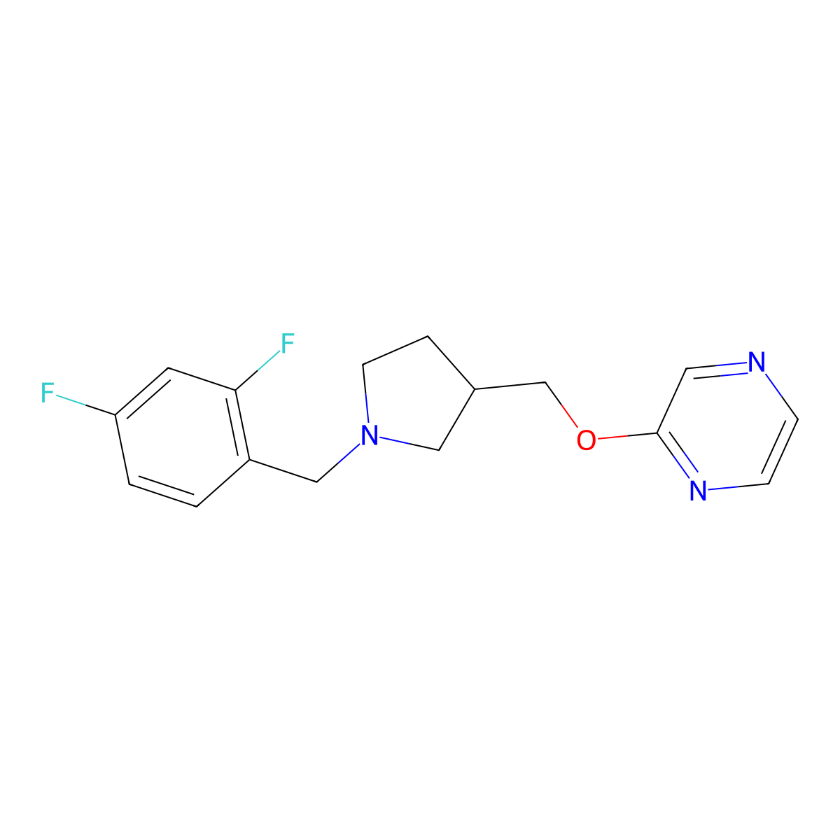 2-({1-[(2,4-Difluorophenyl)methyl]pyrrolidin-3-yl}methoxy)pyrazine molecular structure, CAS 2877649-21-1