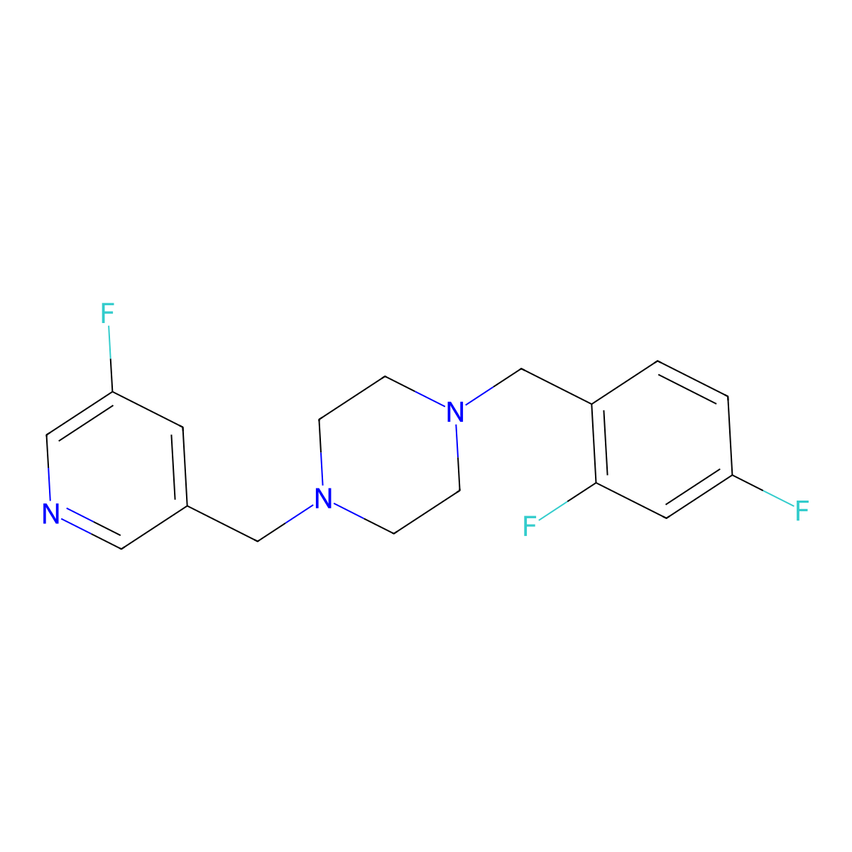 1-[(2,4-Difluorophenyl)methyl]-4-[(5-fluoropyridin-3-yl)methyl]piperazine molecular structure, CAS 2877649-22-2