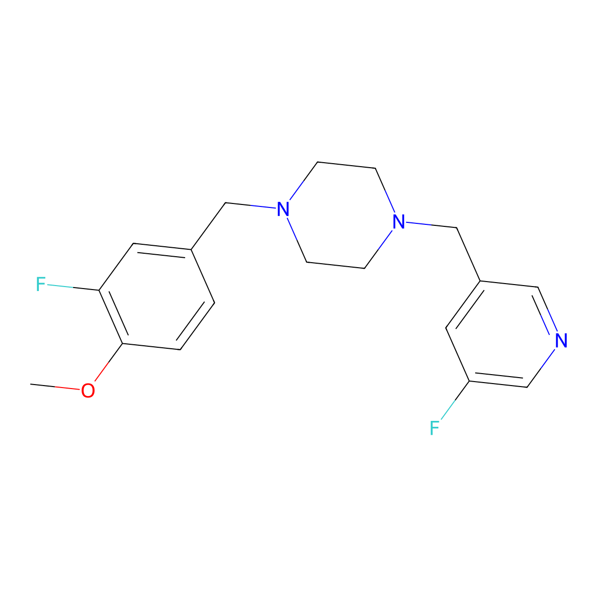 1-[(3-Fluoro-4-methoxyphenyl)methyl]-4-[(5-fluoropyridin-3-yl)methyl]piperazine molecular structure, CAS 2877649-23-3