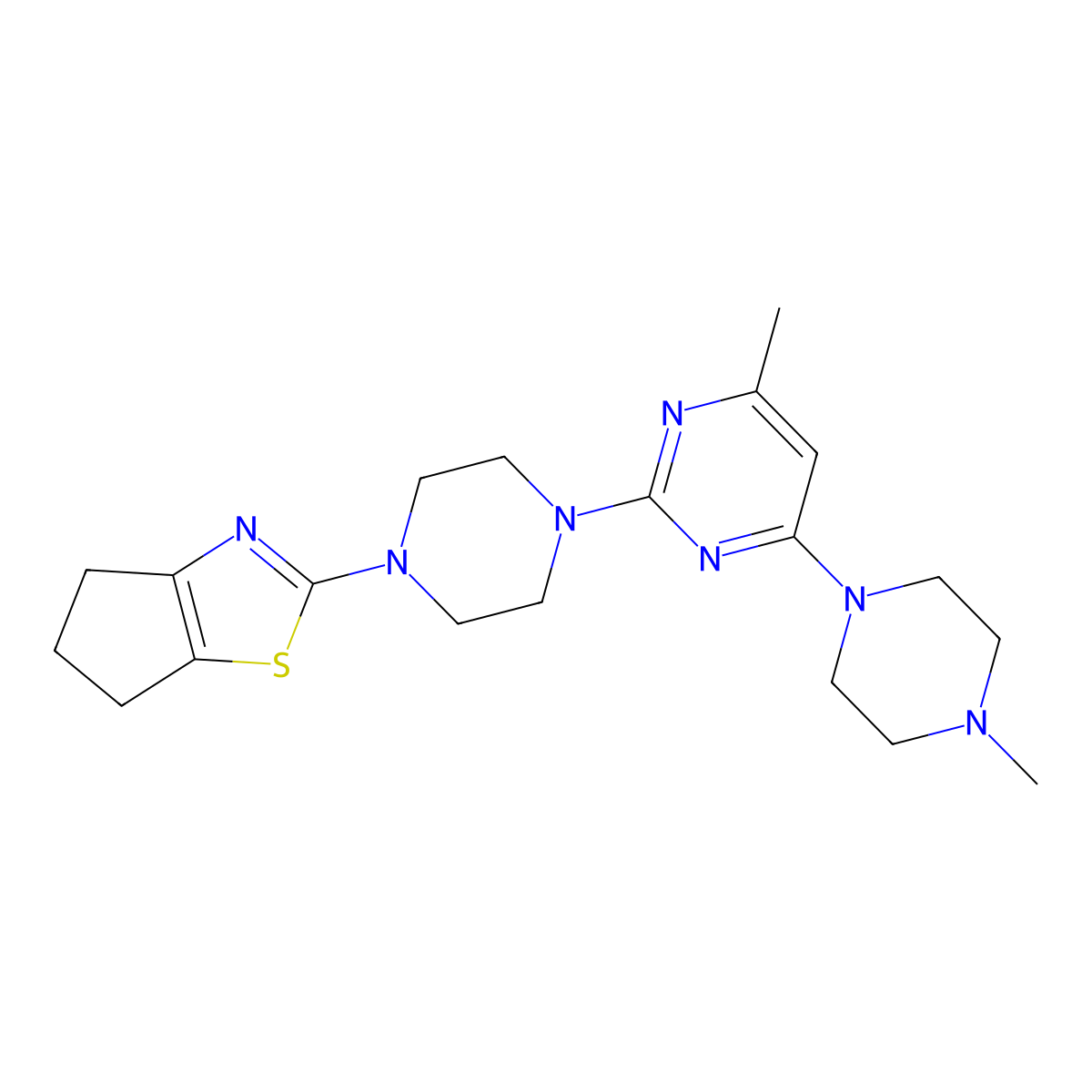 2-(4-{4H,5H,6H-cyclopenta[d][1,3]thiazol-2-yl}piperazin-1-yl)-4-methyl-6-(4-methylpiperazin-1-yl)pyrimidine molecular structure, CAS 2877649-24-4
