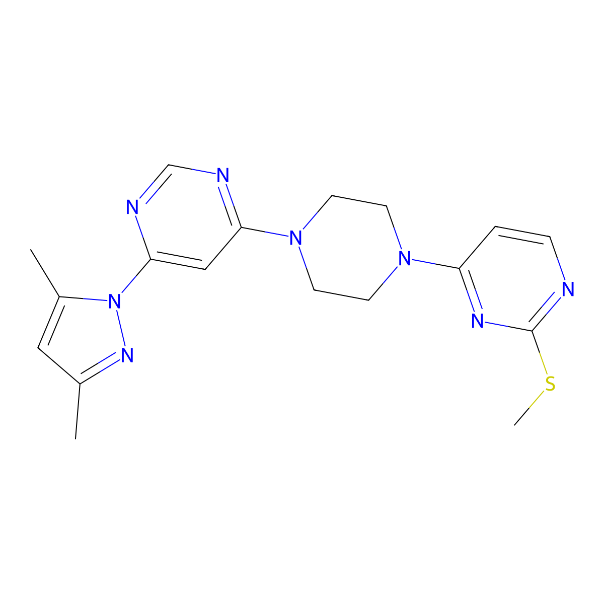 4-(3,5-dimethyl-1H-pyrazol-1-yl)-6-{4-[2-(methylsulfanyl)pyrimidin-4-yl]piperazin-1-yl}pyrimidine molecular structure, CAS 2877649-28-8