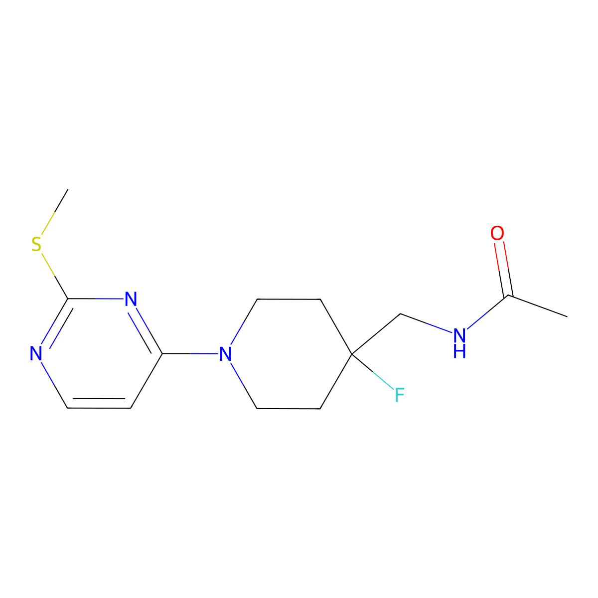 N-({4-fluoro-1-[2-(methylsulfanyl)pyrimidin-4-yl]piperidin-4-yl}methyl)acetamide molecular structure, CAS 2877649-35-7