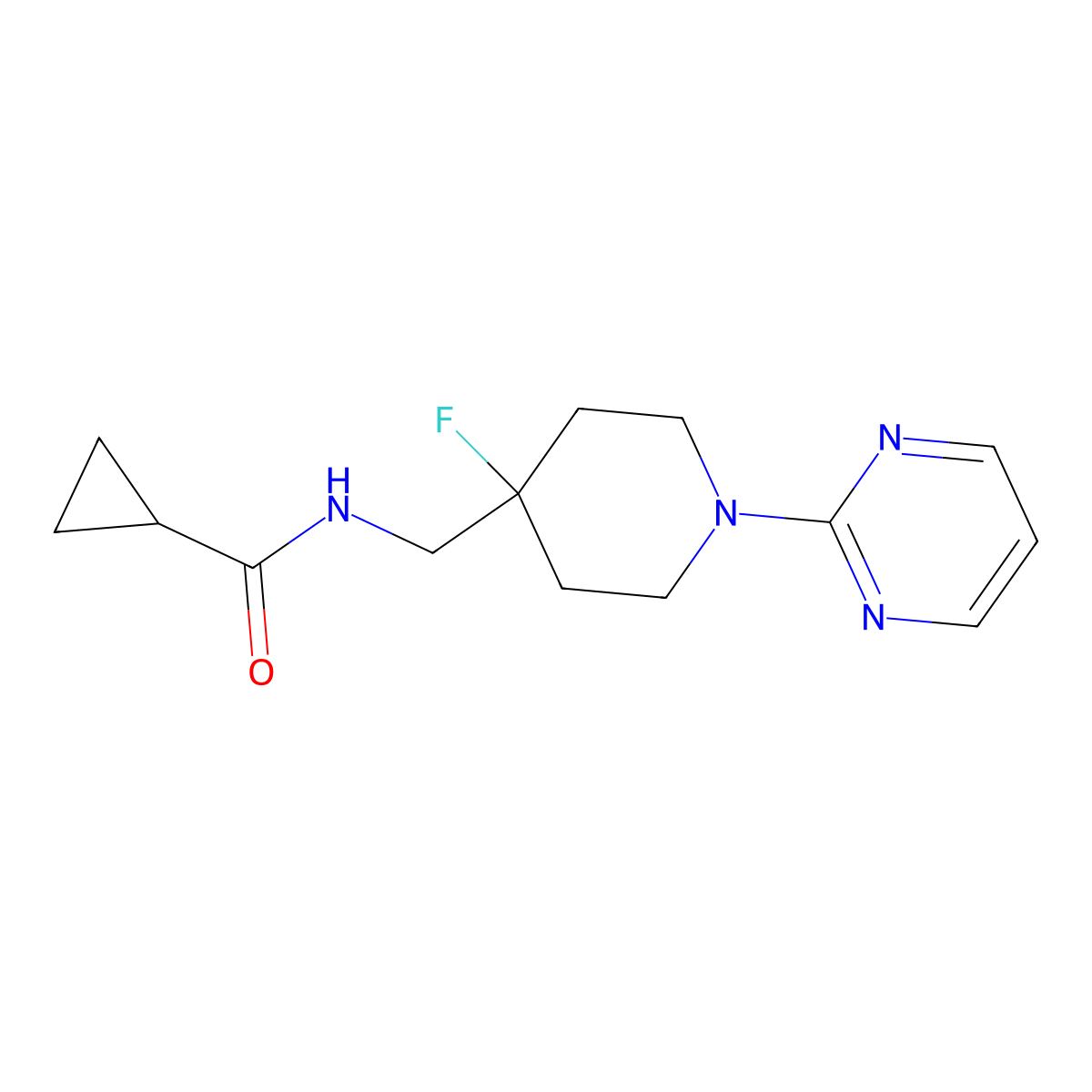 N-{[4-fluoro-1-(pyrimidin-2-yl)piperidin-4-yl]methyl}cyclopropanecarboxamide molecular structure, CAS 2877649-36-8