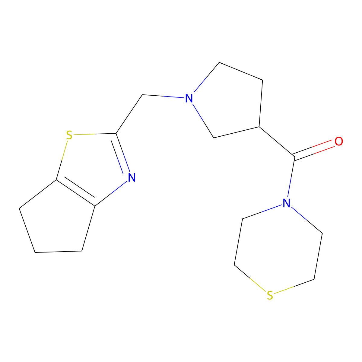 4-[1-({4H,5H,6H-cyclopenta[d][1,3]thiazol-2-yl}methyl)pyrrolidine-3-carbonyl]thiomorpholine molecular structure, CAS 2877649-40-4