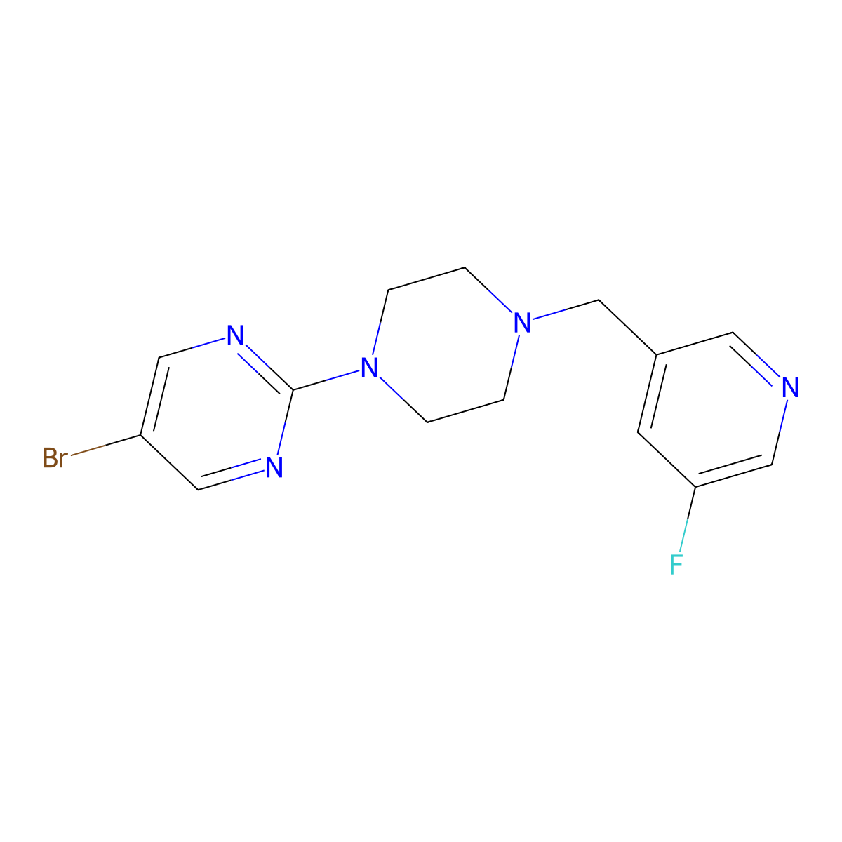 5-Bromo-2-{4-[(5-fluoropyridin-3-yl)methyl]piperazin-1-yl}pyrimidine molecular structure, CAS 2877649-50-6