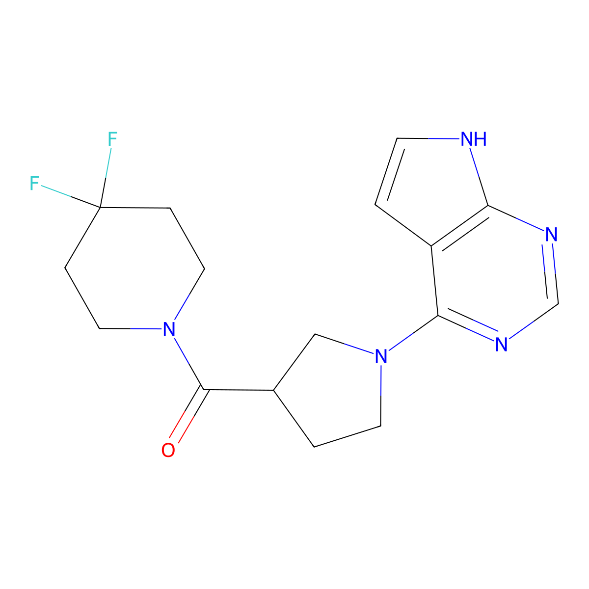 4,4-difluoro-1-(1-{7H-pyrrolo[2,3-d]pyrimidin-4-yl}pyrrolidine-3-carbonyl)piperidine molecular structure, CAS 2877649-51-7