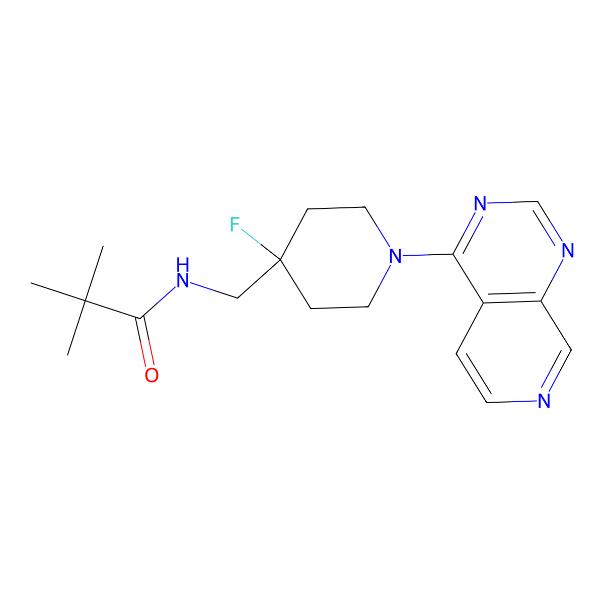 N-[(4-fluoro-1-{pyrido[3,4-d]pyrimidin-4-yl}piperidin-4-yl)methyl]-2,2-dimethylpropanamide molecular structure, CAS 2877649-52-8