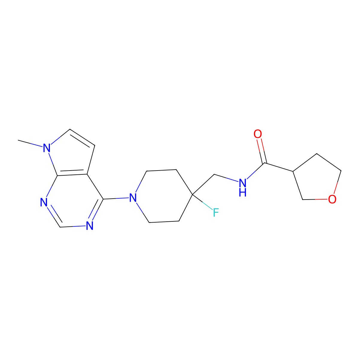 N-[(4-fluoro-1-{7-methyl-7H-pyrrolo[2,3-d]pyrimidin-4-yl}piperidin-4-yl)methyl]oxolane-3-carboxamide molecular structure, CAS 2877649-54-0