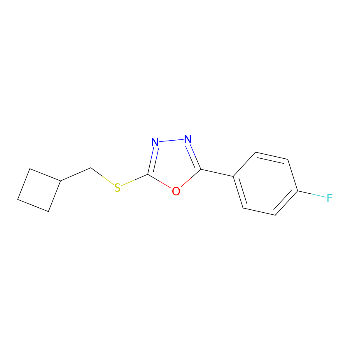 2-[(Cyclobutylmethyl)sulfanyl]-5-(4-fluorophenyl)-1,3,4-oxadiazole molecular structure, CAS 2877649-57-3