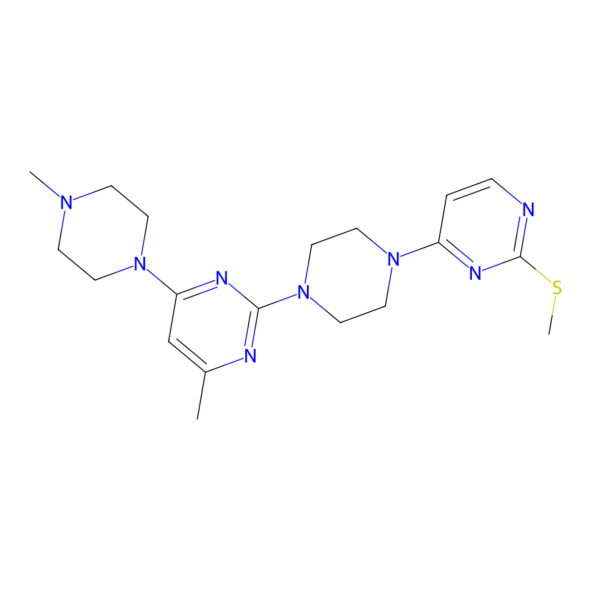 4-Methyl-6-(4-methylpiperazin-1-yl)-2-{4-[2-(methylsulfanyl)pyrimidin-4-yl]piperazin-1-yl}pyrimidine molecular structure, CAS 2877649-70-0