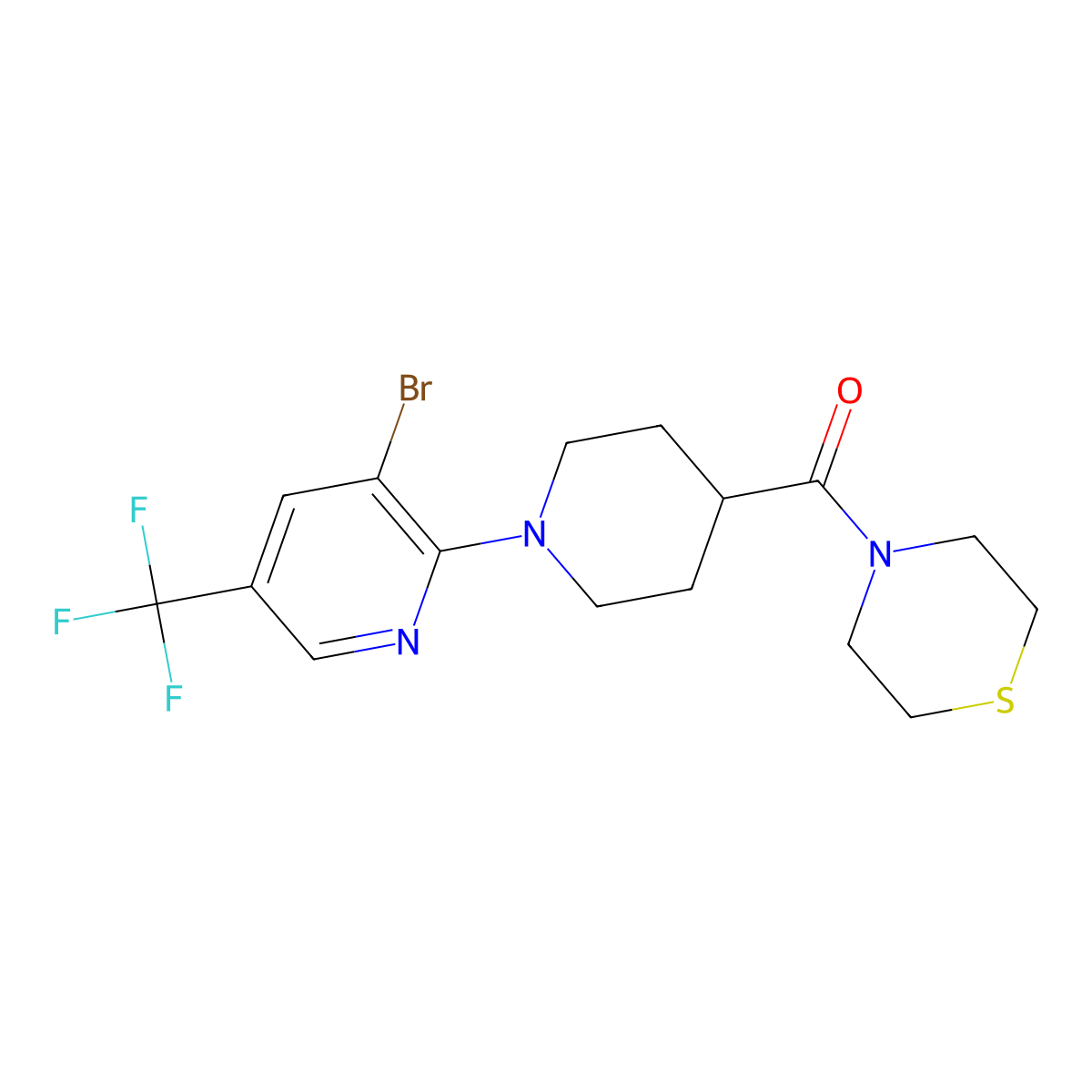 4-{1-[3-Bromo-5-(trifluoromethyl)pyridin-2-yl]piperidine-4-carbonyl}thiomorpholine molecular structure, CAS 2877649-71-1