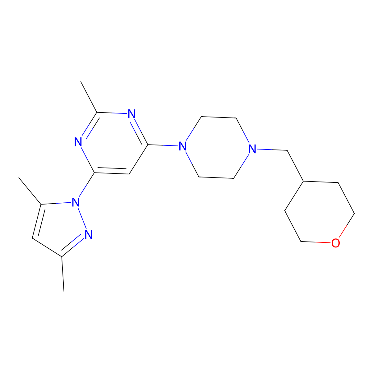 4-(3,5-dimethyl-1H-pyrazol-1-yl)-2-methyl-6-{4-[(oxan-4-yl)methyl]piperazin-1-yl}pyrimidine molecular structure, CAS 2877649-72-2