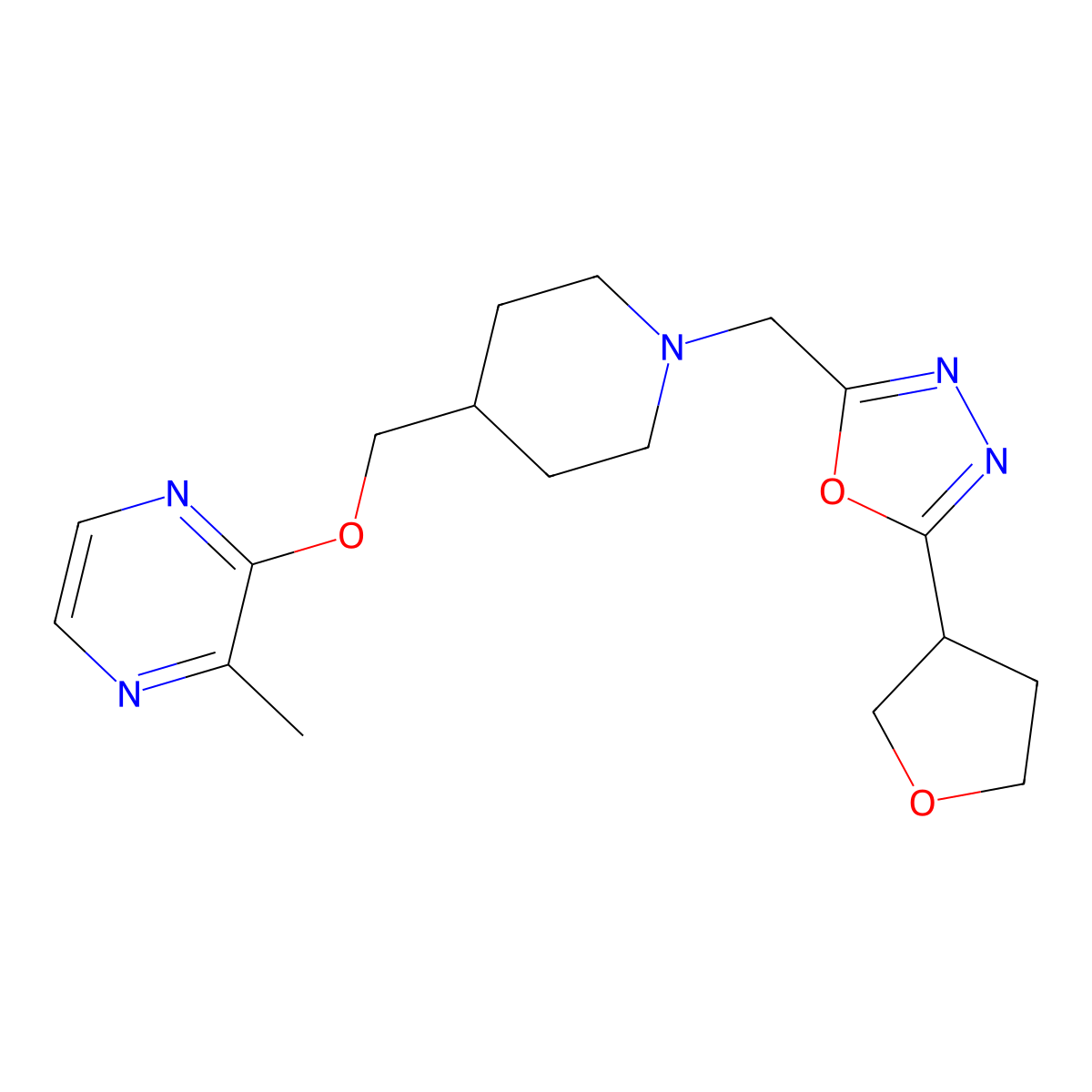 2-Methyl-3-[(1-{[5-(oxolan-3-yl)-1,3,4-oxadiazol-2-yl]methyl}piperidin-4-yl)methoxy]pyrazine molecular structure, CAS 2877649-80-2