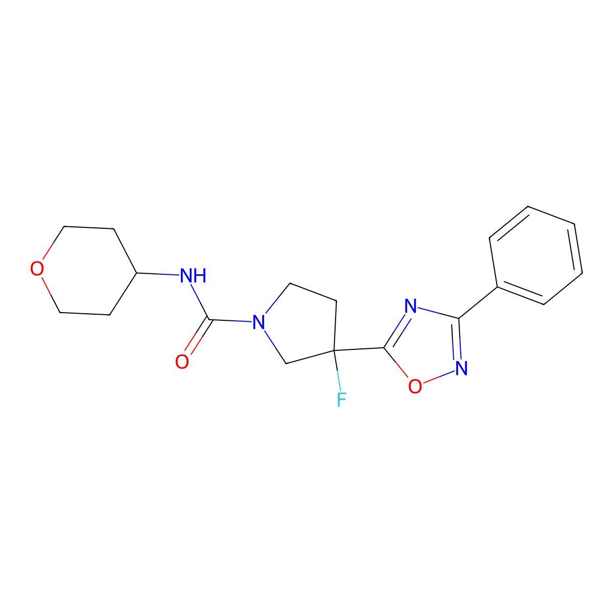 3-fluoro-N-(oxan-4-yl)-3-(3-phenyl-1,2,4-oxadiazol-5-yl)pyrrolidine-1-carboxamide molecular structure, CAS 2877649-88-0
