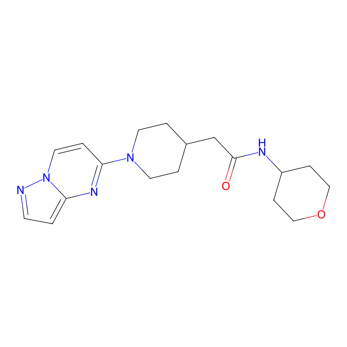 N-(oxan-4-yl)-2-(1-{pyrazolo[1,5-a]pyrimidin-5-yl}piperidin-4-yl)acetamide molecular structure, CAS 2877649-94-8