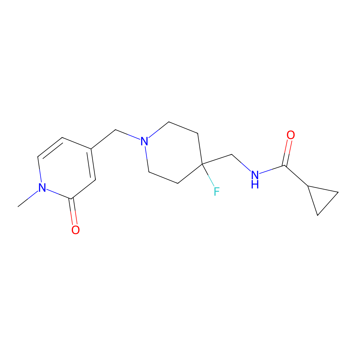 N-({4-fluoro-1-[(1-methyl-2-oxo-1,2-dihydropyridin-4-yl)methyl]piperidin-4-yl}methyl)cyclopropanecarboxamide molecular structure, CAS 2877650-00-3