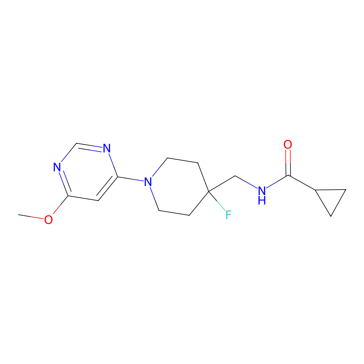 N-{[4-fluoro-1-(6-methoxypyrimidin-4-yl)piperidin-4-yl]methyl}cyclopropanecarboxamide molecular structure, CAS 2877650-01-4