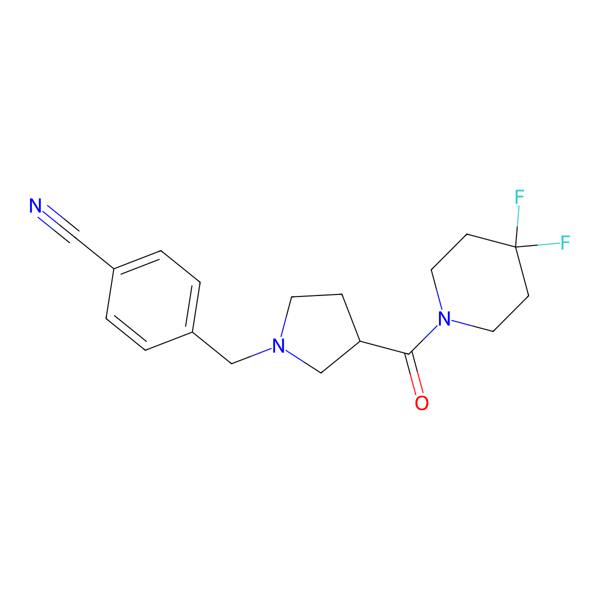 4-{[3-(4,4-Difluoropiperidine-1-carbonyl)pyrrolidin-1-yl]methyl}benzonitrile molecular structure, CAS 2877650-07-0